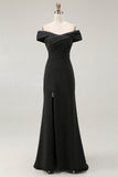 Black Off the Shoulder Mermaid Long Formal Dress with Slit