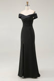 Black Off the Shoulder Mermaid Long Formal Dress with Slit