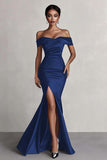 Off The Shoulder Mermaid Long Black Tie Dress With Slit