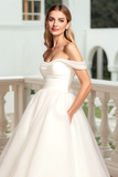A Line Off The Shoulder Long White Wedding Dress