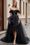 Off The Shoulder Asymmetrical A Line Black Wedding Dress