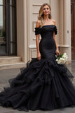 Off The Shoulder Ruffles Tiered Mermaid Black Wedding Dress