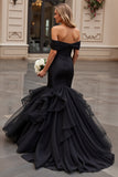 Off The Shoulder Ruffles Tiered Mermaid Black Wedding Dress