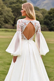 Ivory A Line Lace Puff Long Sleeve Wedding Dress
