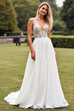 Ivory A Line Chiffon Lace Long Wedding Dress