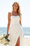 Ivory A Line Strapless Wedding Dress With Slit