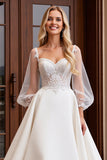 Delicate Ivory Lace A Line Illusion Long Sleeve Wedding Dress