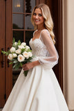 Delicate Ivory Lace A Line Illusion Long Sleeve Wedding Dress
