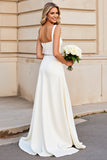 Simple Ivory Beaded Square Neck Long Wedding Dress