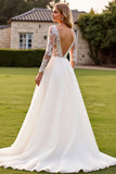 Ivory V-Neck Lace A Line Wedding Dress with Long Sleeves