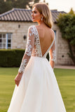 Ivory V-Neck Lace A Line Wedding Dress with Long Sleeves