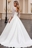 Ivory V-Neck A Line Lace Wedding Dress with Long Sleeves