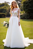A Line White Lace Appliqued Long Sleeve Wedding Dress