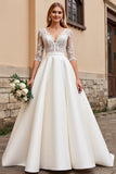 Ivory Lace Half Sleeve A Line Wedding Dress
