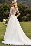 Ivory Lace Pleated A Line Long Sleeve Wedding Dress