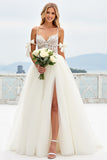 Lace Ivory Spaghetti Straps Tulle A Line Wedding Dress with Slit