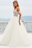 Lace Ivory Spaghetti Straps Tulle A Line Wedding Dress with Slit