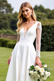 White Appliqued Satin A Line Long Sleeve Wedding Dress