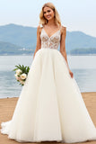 A Line Spaghetti Straps Ivory Lace Long Wedding Dress