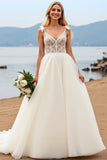 A Line Spaghetti Straps Ivory Lace Long Wedding Dress