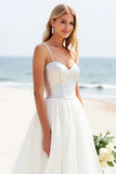 A Line Spaghetti Straps Ivory Sequin Long Wedding Dress