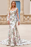 Ivory Flower Printed Long Sleeve Mermaid Wedding Dress