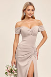 Candy Pink Off The Shoulder Ruched Long Bridesmaid Dress