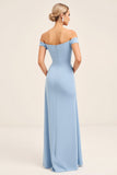 Blush Pink Off The Shoulder Sheath Long Bridesmaid Dress With Slit