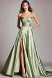 Dusty Sage A Line Satin Strapless Prom Dress with Slit