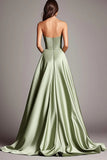 Dusty Sage A Line Satin Strapless Prom Dress with Slit