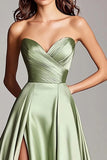 Dusty Sage A Line Satin Strapless Prom Dress with Slit