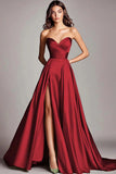 Dusty Sage A Line Satin Strapless Prom Dress with Slit