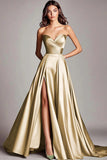 Dusty Sage A Line Satin Strapless Prom Dress with Slit