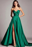 Dusty Sage A Line Satin Strapless Prom Dress with Slit