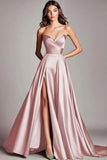 Dusty Sage A Line Satin Strapless Prom Dress with Slit