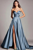 Dusty Sage A Line Satin Strapless Prom Dress with Slit