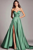 Dusty Sage A Line Satin Strapless Prom Dress with Slit