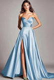 Dusty Sage A Line Satin Strapless Prom Dress with Slit