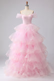 Off the Shoulder Pink Tiered Princess Beaded Prom Dress