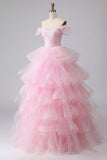 Off the Shoulder Pink Tiered Princess Beaded Prom Dress
