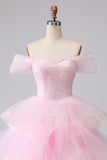Off the Shoulder Pink Tiered Princess Beaded Prom Dress