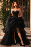 Black Polka Dot Strapless Ruffled Tulle Prom Dress