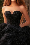 Black Polka Dot Strapless Ruffled Tulle Prom Dress