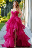 Plus Size Fuchsia Strapless A Line Tiered Ruffle Prom Dress