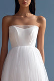 White A Line Strapless Tulle Wedding Dress