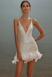 Sparkly White V-Neck Mini Dress With Ruffles