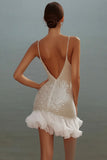 Sparkly White V-Neck Mini Dress With Ruffles