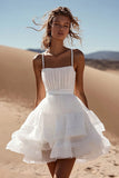 White Ruffled Spaghetti Straps Mini Dress