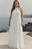 Halter White A-Line Plus Size Maxi Engagement Dress