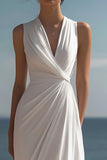 White V-Neck Ruched A Line Engagement Dress